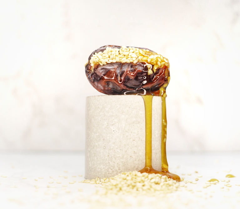 one of our most popular non-chocolate dates - golden honey entangled with fragrant sesame seeds!